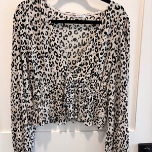 Zara Black and White Fitted Wrap Blouse